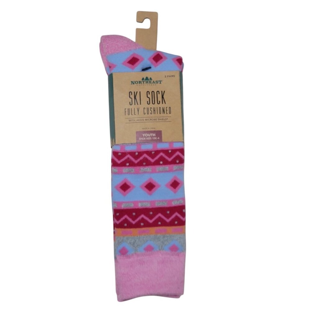 Northeast Outfitters Ski Socks Girls Youth Size 13k-4 Fully Cushioned 2 Pair NEW